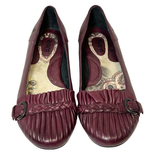 Born Maroon Ruffled Pleated Braided Strap Buckle Classic Ballet Flats Size 10‎ - Picture 1 of 7